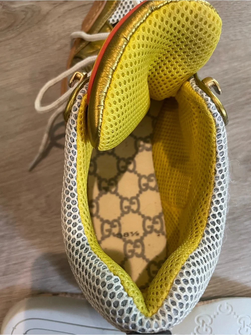 Gucci Metallic Gold, White & Tan Mesh Athletic Sneakers